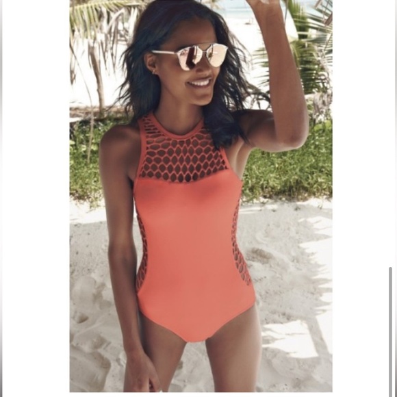 Seafolly Mesh About High Neck Maillot One Piece Swimsuit in Nectarine. Size M - Picture 1 of 14